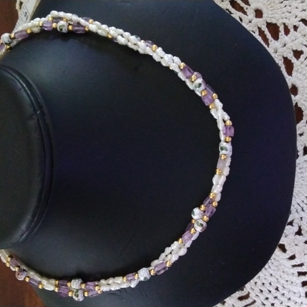 VINTAGE 3 STRAND BIWA PEARLS, AMETHYST, CLOISSONE BEADS ACCENTED WITH GOLD